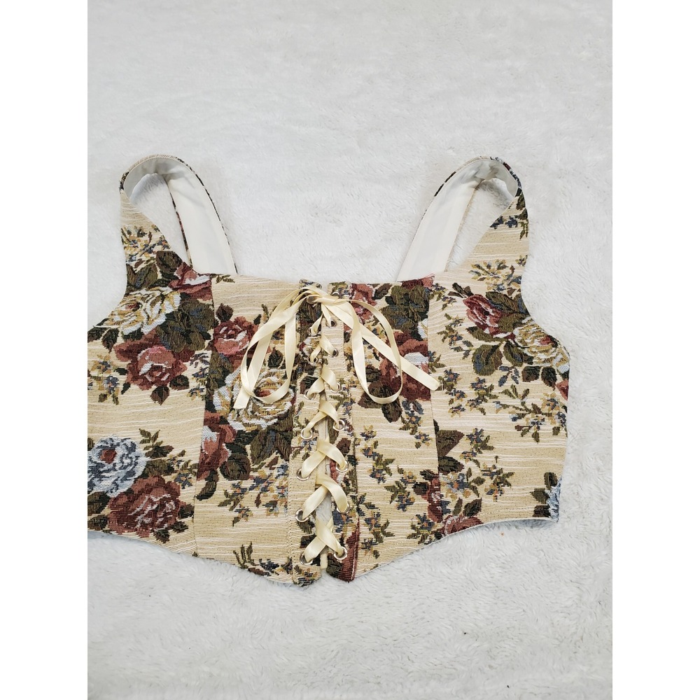 Cream Floral Tapestry Ribbon Corset Crop Top Medium Grandma Ren Faire Brocade